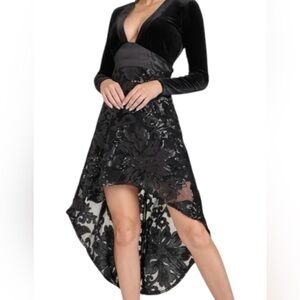 Elegant Black Velvet Lace Hi-Lo Dress